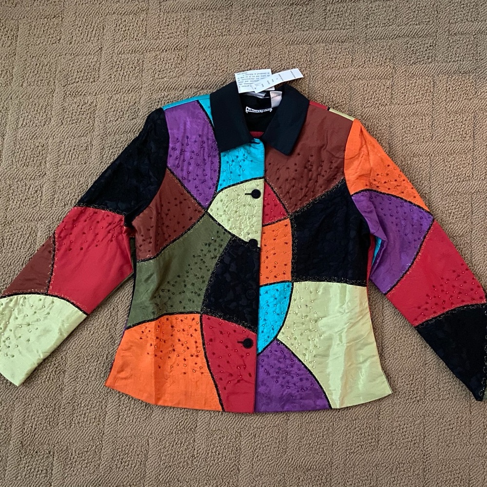 BLUTIQUE Art-to-Wear Handwoven Beaded Patchwork Colorblock Jacket NWT Large Boho